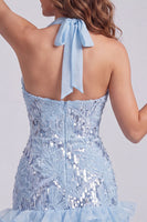 Load image into Gallery viewer, Sparkly Sky Blue Floral Sequin Halter Tight Short Ruffled Cocktail Dress