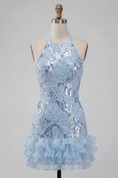 Load image into Gallery viewer, Sparkly Sky Blue Floral Sequin Halter Tight Short Ruffled Cocktail Dress