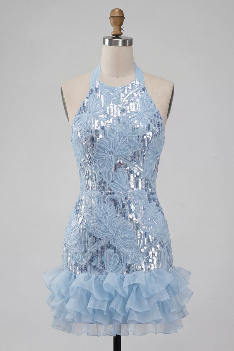 Load image into Gallery viewer, Sparkly Sky Blue Floral Sequin Halter Tight Short Ruffled Cocktail Dress