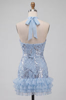 Load image into Gallery viewer, Sparkly Sky Blue Floral Sequin Halter Tight Short Ruffled Cocktail Dress