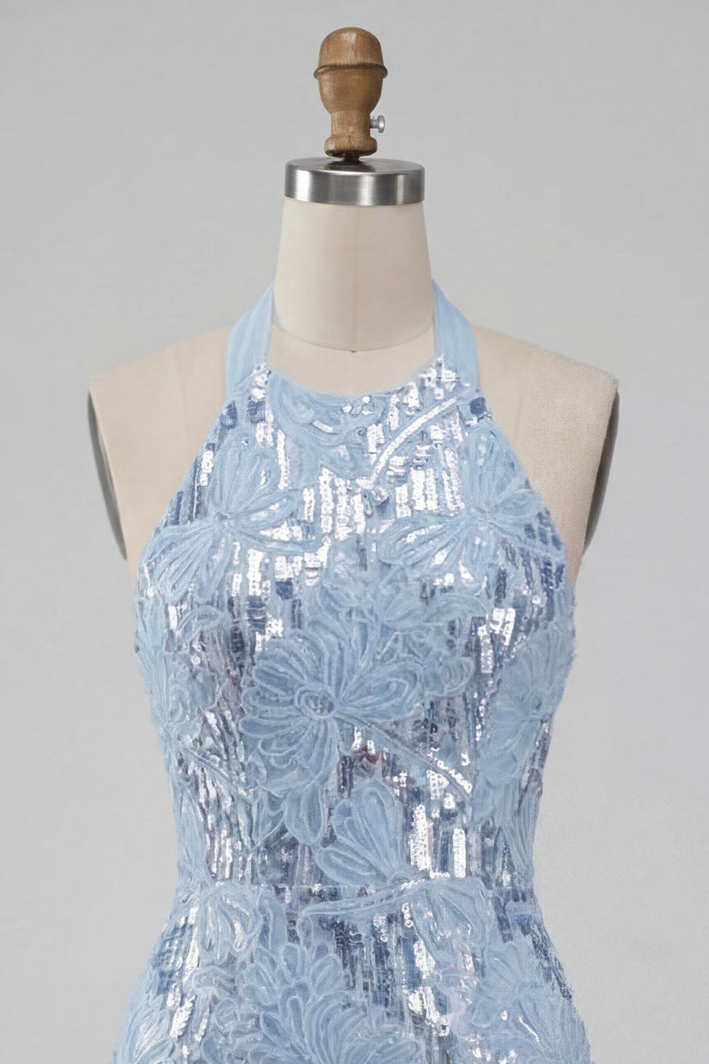 Load image into Gallery viewer, Sparkly Sky Blue Floral Sequin Halter Tight Short Ruffled Cocktail Dress