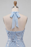 Load image into Gallery viewer, Sparkly Sky Blue Floral Sequin Halter Tight Short Ruffled Cocktail Dress