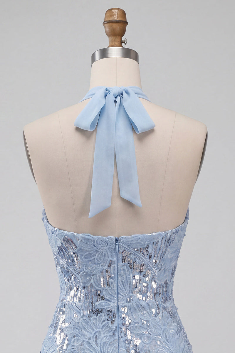 Load image into Gallery viewer, Sparkly Sky Blue Floral Sequin Halter Tight Short Ruffled Cocktail Dress