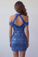 Load image into Gallery viewer, Sparkly Royal Blue Cold Shoulder Tight Short Sequin Cocktail Dress