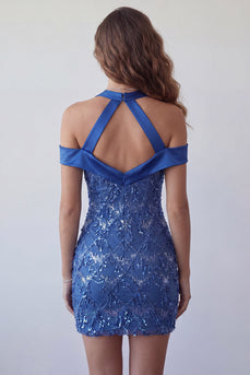 Sparkly Royal Blue Cold Shoulder Tight Short Sequin Cocktail Dress