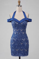 Load image into Gallery viewer, Sparkly Royal Blue Cold Shoulder Tight Short Sequin Cocktail Dress