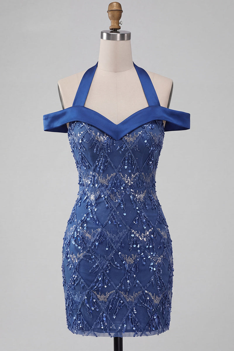 Load image into Gallery viewer, Sparkly Royal Blue Cold Shoulder Tight Short Sequin Cocktail Dress