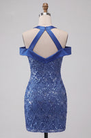 Load image into Gallery viewer, Sparkly Royal Blue Cold Shoulder Tight Short Sequin Cocktail Dress