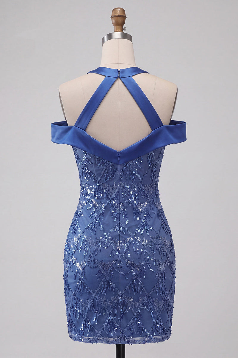 Load image into Gallery viewer, Sparkly Royal Blue Cold Shoulder Tight Short Sequin Cocktail Dress