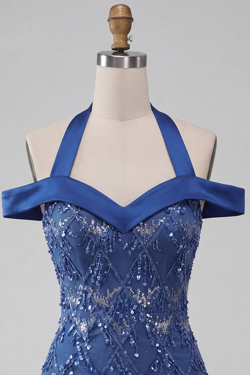 Load image into Gallery viewer, Sparkly Royal Blue Cold Shoulder Tight Short Sequin Cocktail Dress