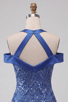 Load image into Gallery viewer, Sparkly Royal Blue Cold Shoulder Tight Short Sequin Cocktail Dress