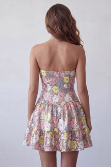 Sparkly Pink Floral Sequin A-Line Sweetheart Short Cocktail Dress