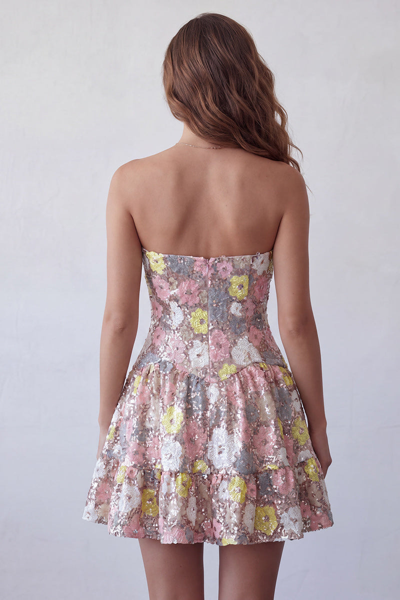Load image into Gallery viewer, Sparkly Pink Floral Sequin A-Line Sweetheart Short Cocktail Dress