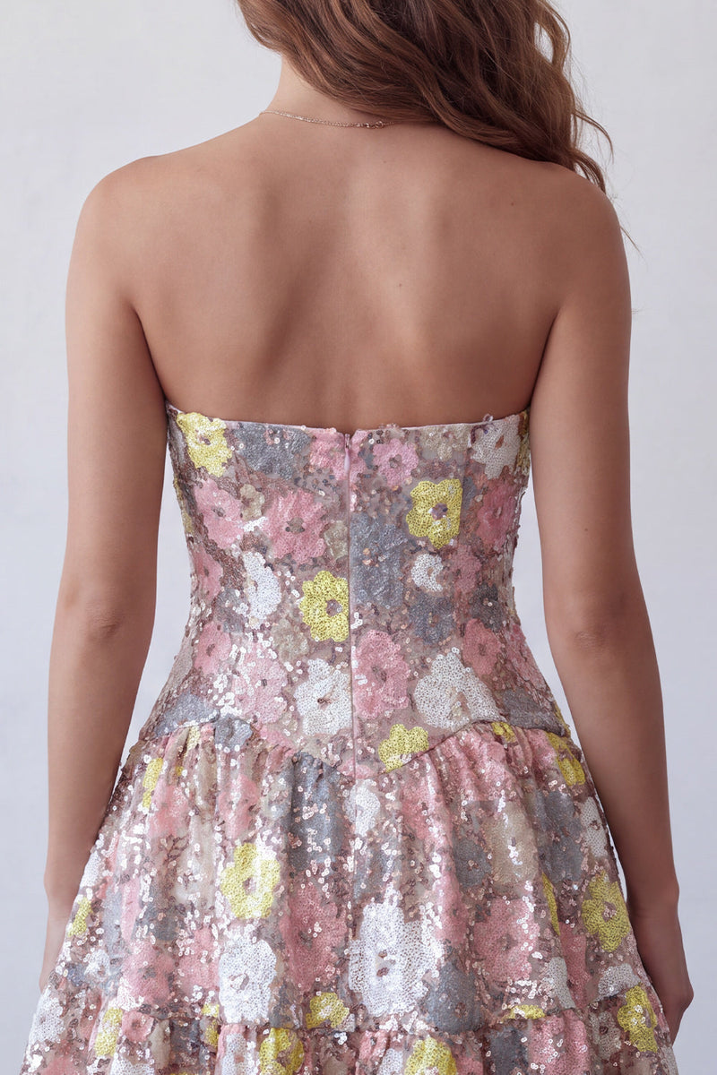 Load image into Gallery viewer, Sparkly Pink Floral Sequin A-Line Sweetheart Short Cocktail Dress