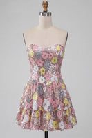 Load image into Gallery viewer, Sparkly Pink Floral Sequin A-Line Sweetheart Short Cocktail Dress