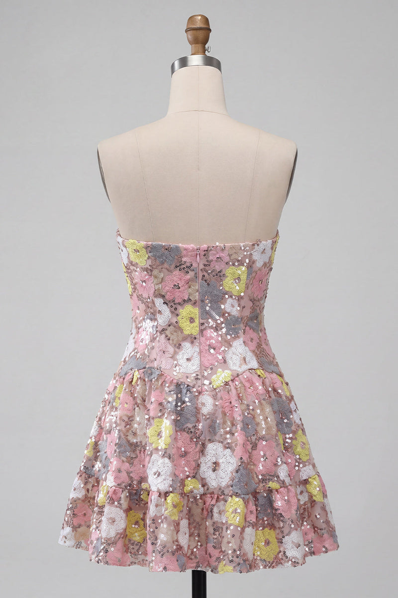 Load image into Gallery viewer, Sparkly Pink Floral Sequin A-Line Sweetheart Short Cocktail Dress