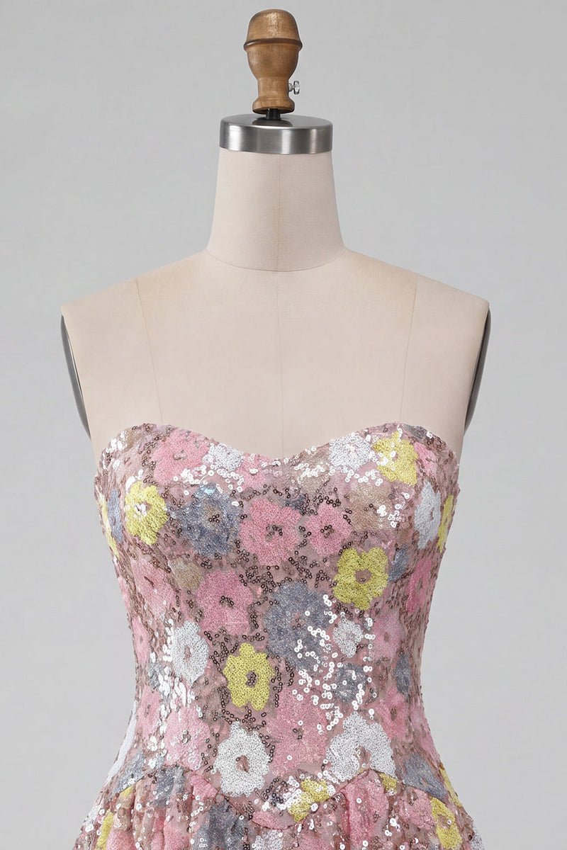 Load image into Gallery viewer, Sparkly Pink Floral Sequin A-Line Sweetheart Short Cocktail Dress