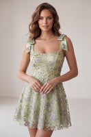 Load image into Gallery viewer, Floral Dusty Sage Sparkly A-Line Short Beaded Cocktail Dress with Bows