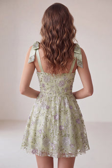 Floral Dusty Sage Sparkly A-Line Short Beaded Cocktail Dress with Bows