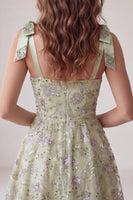 Load image into Gallery viewer, Floral Dusty Sage Sparkly A-Line Short Beaded Cocktail Dress with Bows
