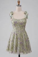 Load image into Gallery viewer, Floral Dusty Sage Sparkly A-Line Short Beaded Cocktail Dress with Bows