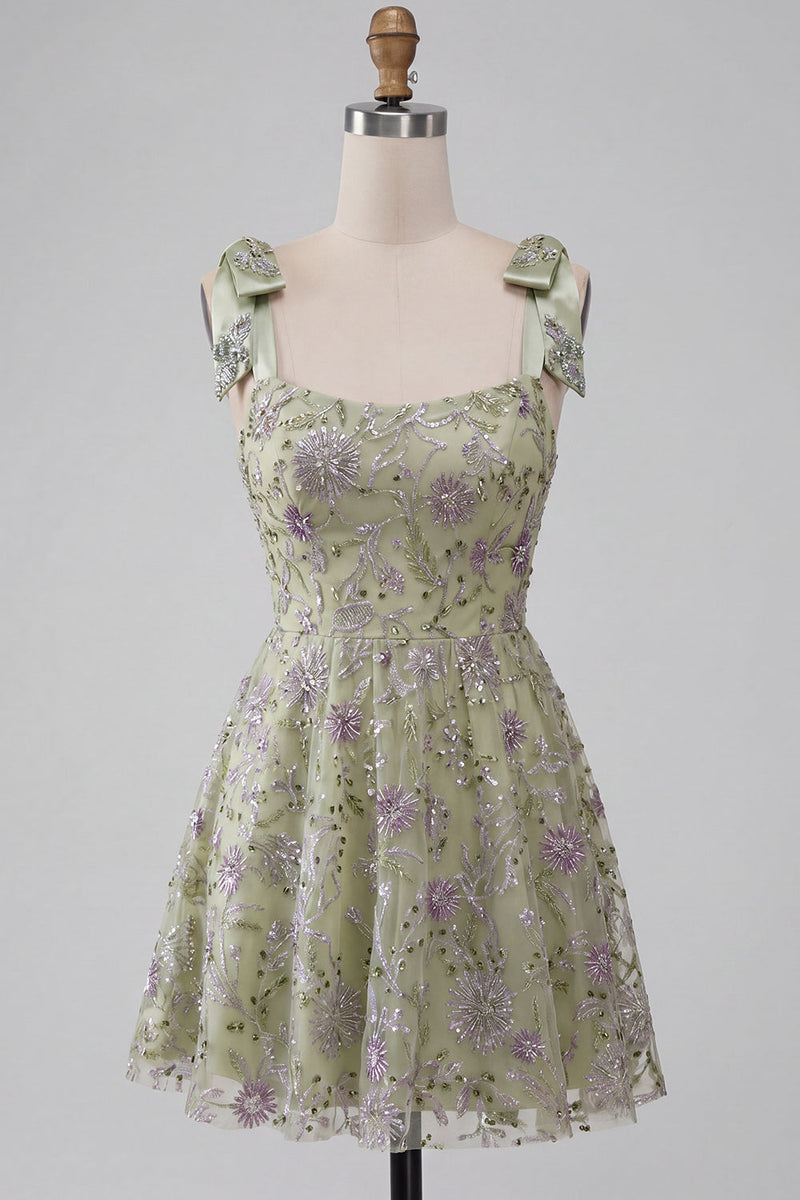 Load image into Gallery viewer, Floral Dusty Sage Sparkly A-Line Short Beaded Cocktail Dress with Bows