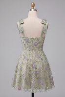 Load image into Gallery viewer, Floral Dusty Sage Sparkly A-Line Short Beaded Cocktail Dress with Bows