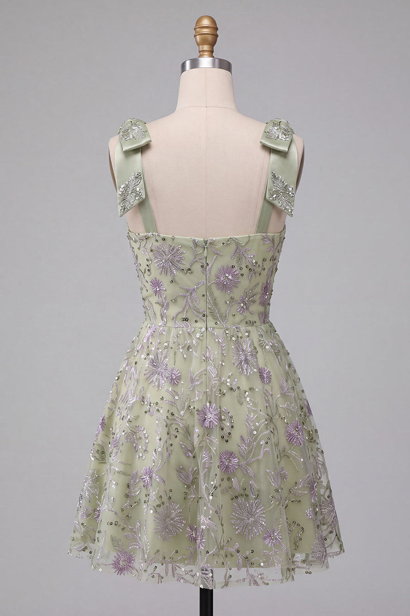 Load image into Gallery viewer, Floral Dusty Sage Sparkly A-Line Short Beaded Cocktail Dress with Bows