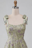 Load image into Gallery viewer, Floral Dusty Sage Sparkly A-Line Short Beaded Cocktail Dress with Bows
