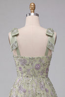 Load image into Gallery viewer, Floral Dusty Sage Sparkly A-Line Short Beaded Cocktail Dress with Bows