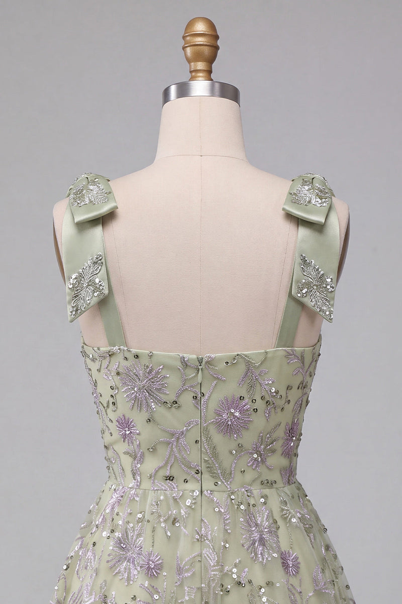 Load image into Gallery viewer, Floral Dusty Sage Sparkly A-Line Short Beaded Cocktail Dress with Bows