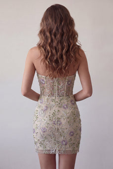 Sparkly Floral Beaded Dusty Sage Tight Short Corset Cocktail Dress