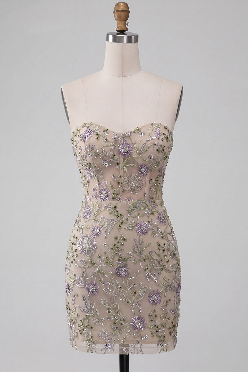 Load image into Gallery viewer, Sparkly Floral Beaded Dusty Sage Tight Short Corset Cocktail Dress