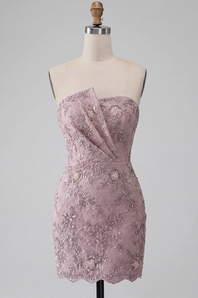 Load image into Gallery viewer, Fog Lace Floral Sparkly Strapless Tight Short Beaded Cocktail Dress
