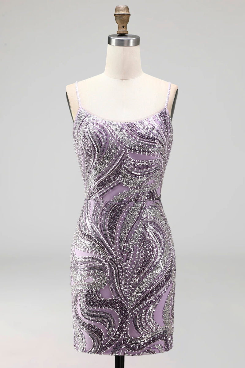 Load image into Gallery viewer, Sparkly Lilac Beaded Short Tight Cocktail Dress