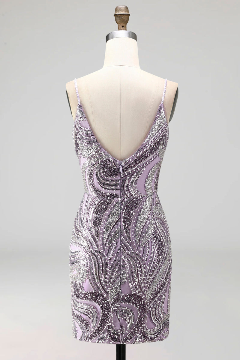 Load image into Gallery viewer, Sparkly Lilac Beaded Short Tight Cocktail Dress