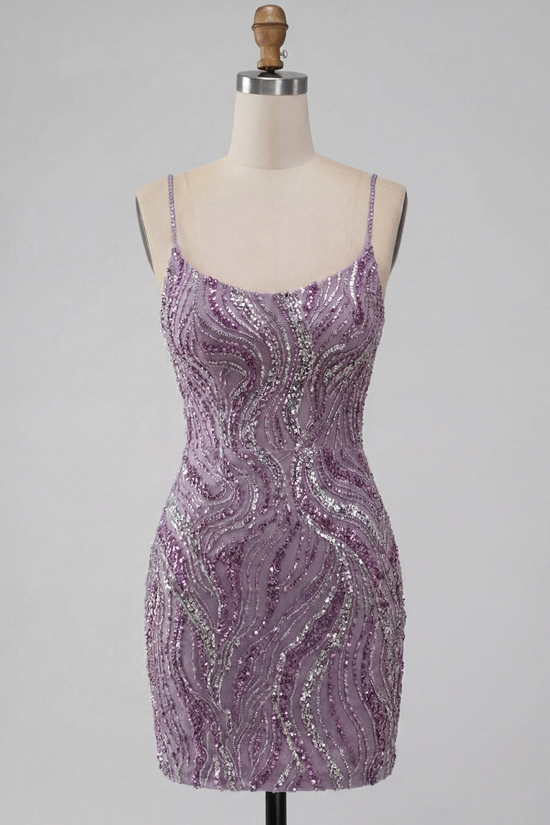 Load image into Gallery viewer, Sparkly Lilac Beaded Short Tight Cocktail Dress