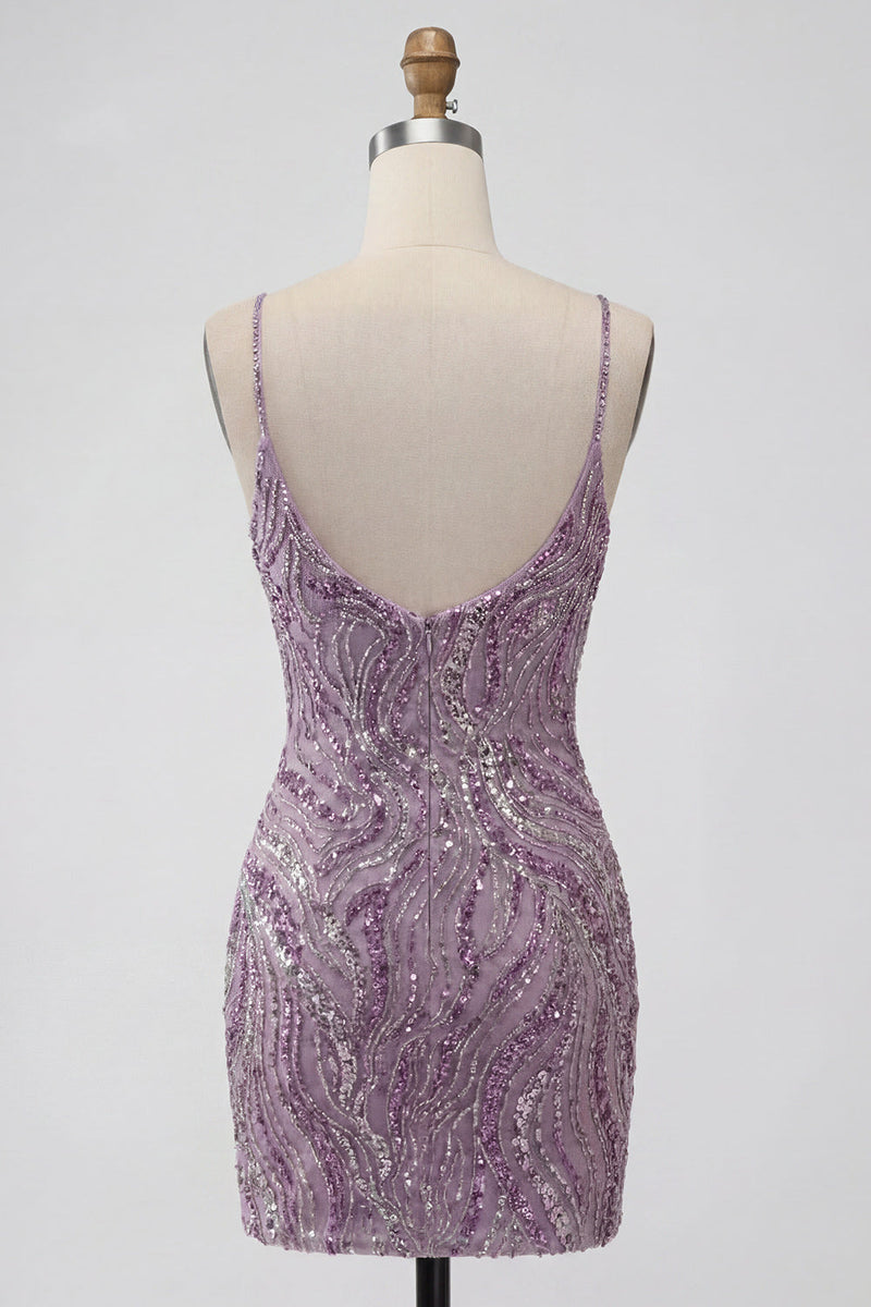 Load image into Gallery viewer, Sparkly Lilac Beaded Short Tight Cocktail Dress