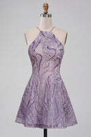 Load image into Gallery viewer, Sparkly Lilac Beaded Halter Short A-Line Cocktail Dress
