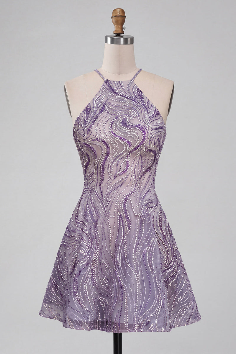 Load image into Gallery viewer, Sparkly Lilac Beaded Halter Short A-Line Cocktail Dress