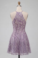 Load image into Gallery viewer, Sparkly Lilac Beaded Halter Short A-Line Cocktail Dress