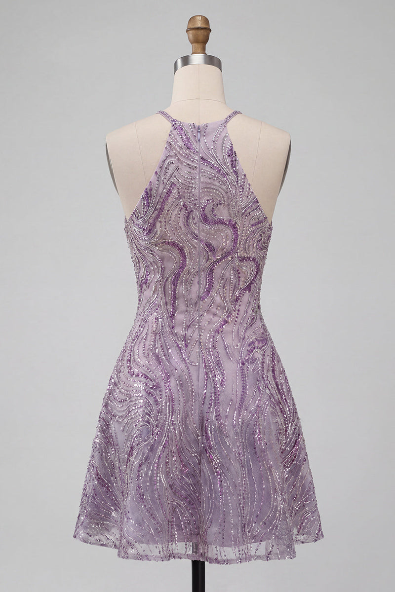 Load image into Gallery viewer, Sparkly Lilac Beaded Halter Short A-Line Cocktail Dress