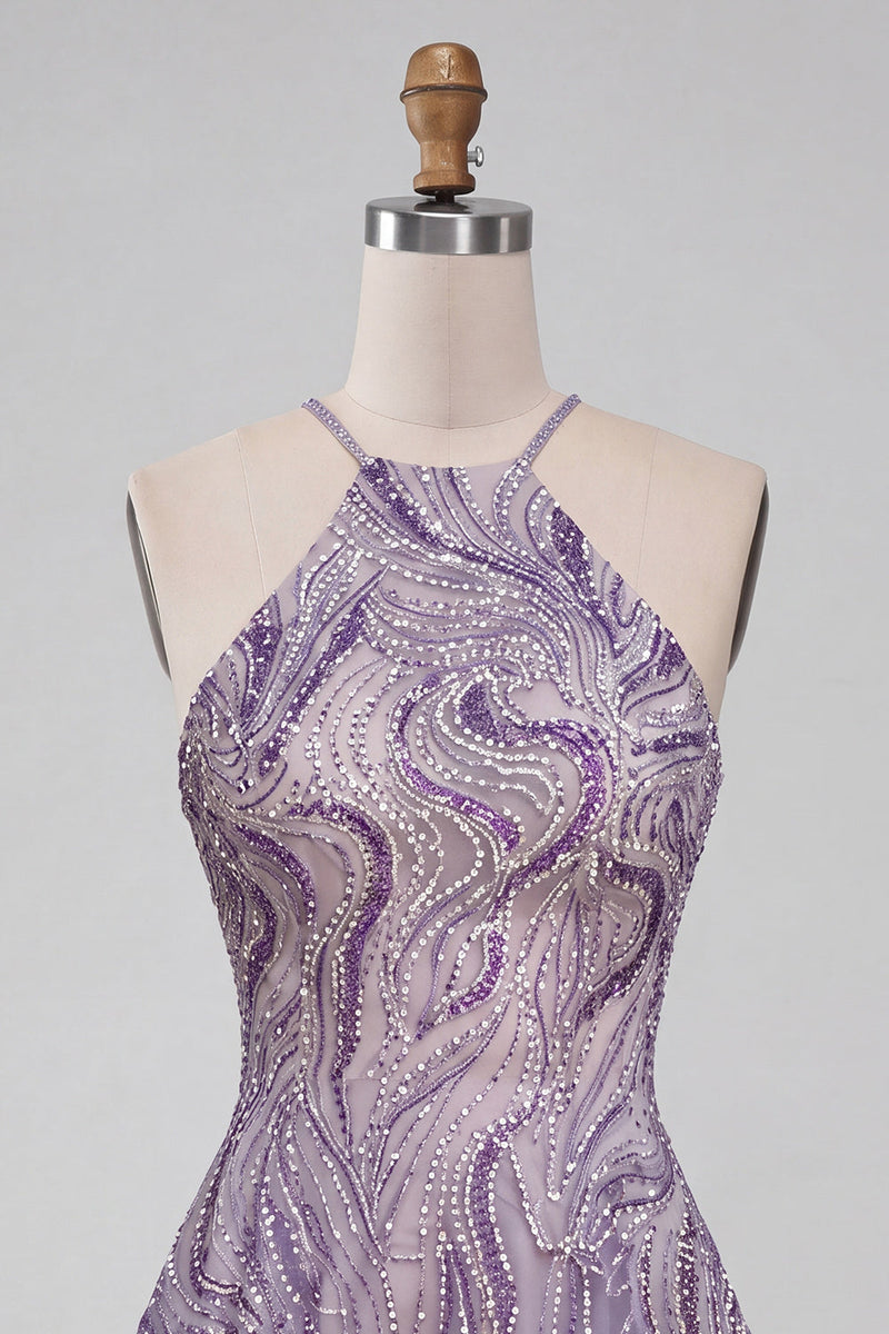 Load image into Gallery viewer, Sparkly Lilac Beaded Halter Short A-Line Cocktail Dress