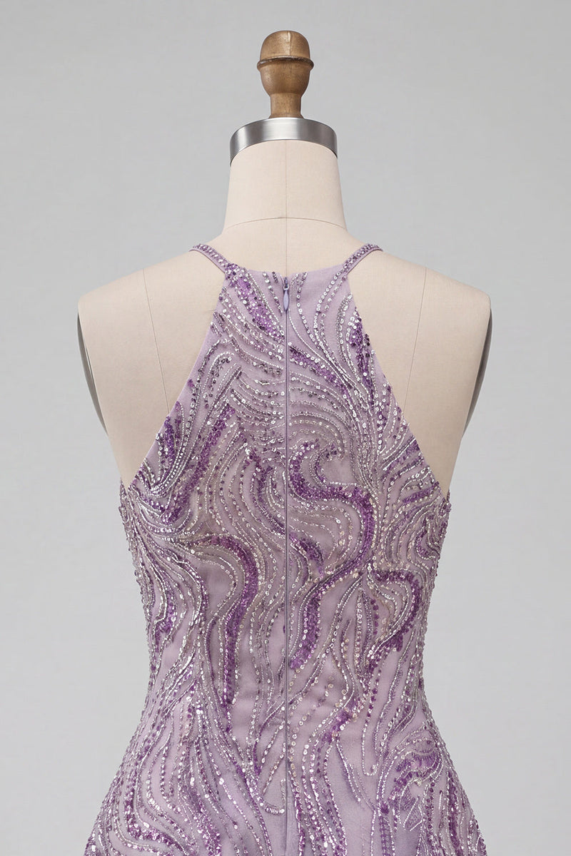 Load image into Gallery viewer, Sparkly Lilac Beaded Halter Short A-Line Cocktail Dress
