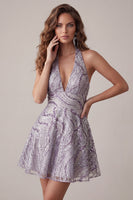 Load image into Gallery viewer, Sparkly Halter A-Line Lilac Short Sequin Cocktail Dress