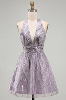 Load image into Gallery viewer, Sparkly Halter A-Line Lilac Short Sequin Cocktail Dress