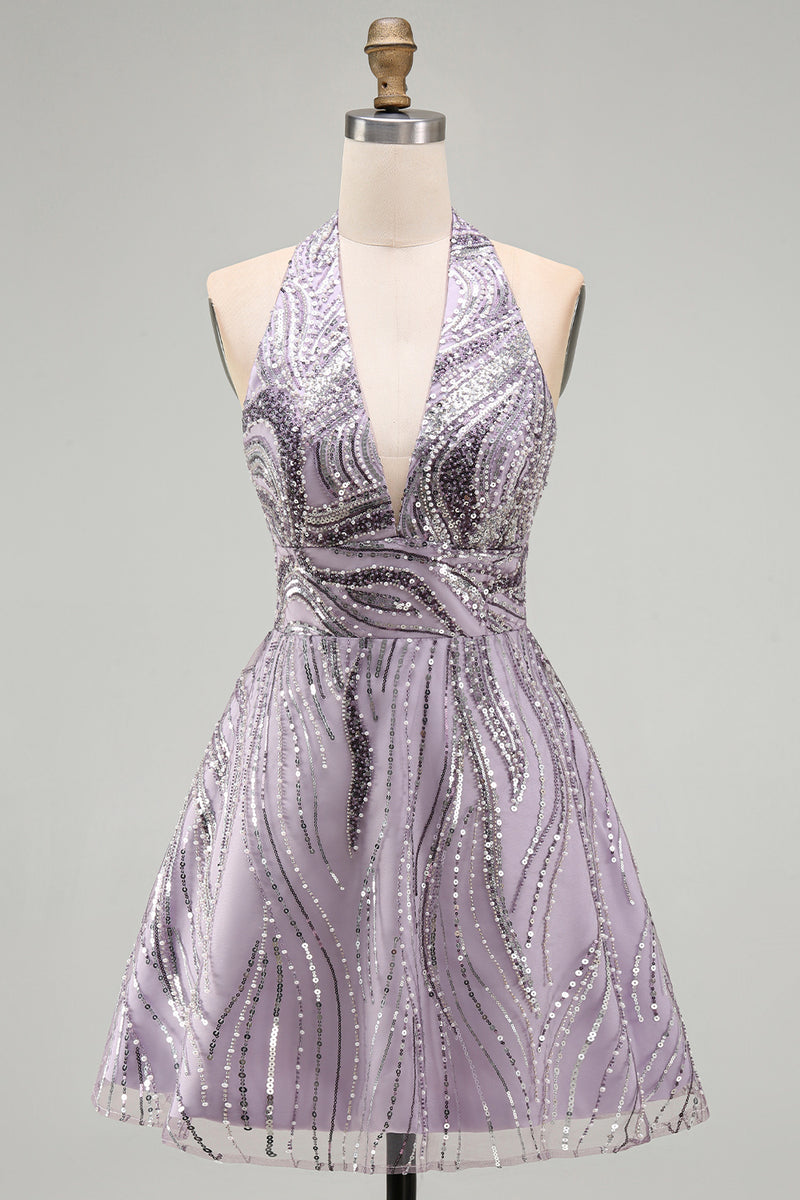 Load image into Gallery viewer, Sparkly Halter A-Line Lilac Short Sequin Cocktail Dress