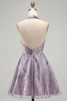 Load image into Gallery viewer, Sparkly Halter A-Line Lilac Short Sequin Cocktail Dress