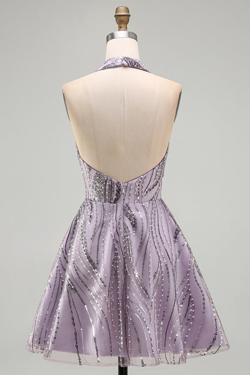 Load image into Gallery viewer, Sparkly Halter A-Line Lilac Short Sequin Cocktail Dress