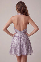 Load image into Gallery viewer, Sparkly Halter A-Line Lilac Short Sequin Cocktail Dress